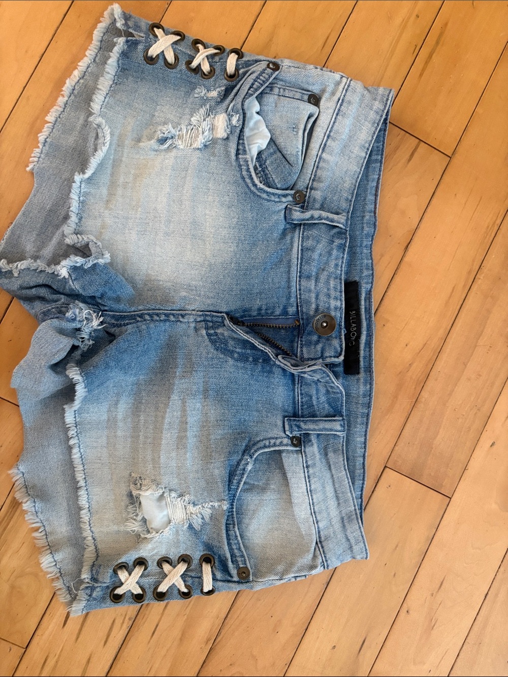 Billabong Light Blue Distressed Lace-Up Denim Shorts - Women
